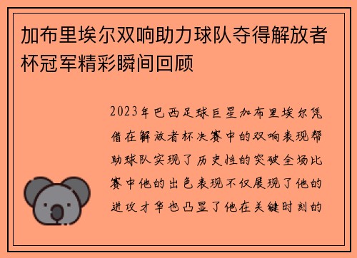 加布里埃尔双响助力球队夺得解放者杯冠军精彩瞬间回顾