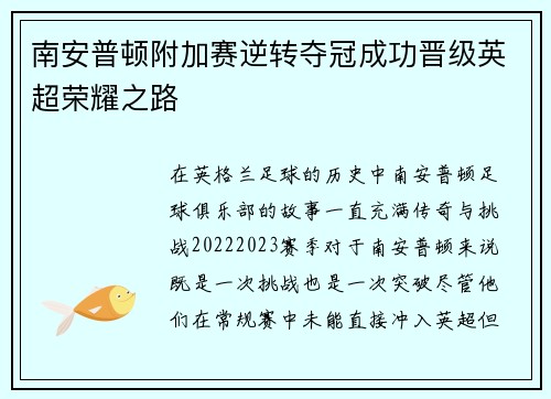南安普顿附加赛逆转夺冠成功晋级英超荣耀之路