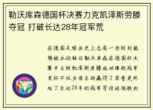 勒沃库森德国杯决赛力克凯泽斯劳滕夺冠 打破长达28年冠军荒